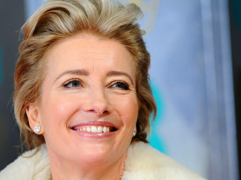 Emma Thompson radiant smile wallpaper vibrant eyes elegant makeup soft fur collar portrait