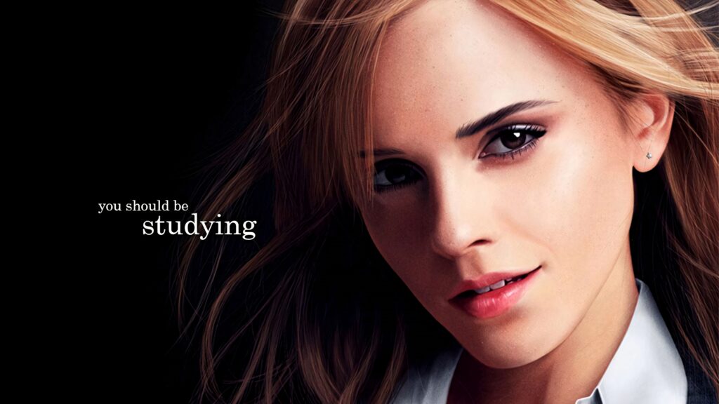 Close-up digital portrait of Emma Watson with confident expression and motivational study text background Wallpaper