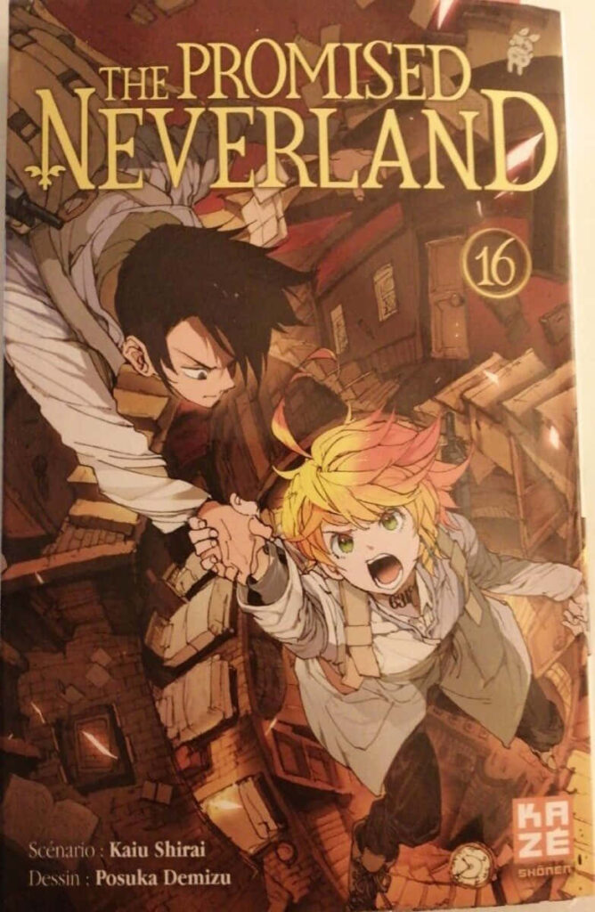 Emma and Ray from The Promised Neverland Volume 16 leaping hand in hand through chaotic cityscape wallpaper