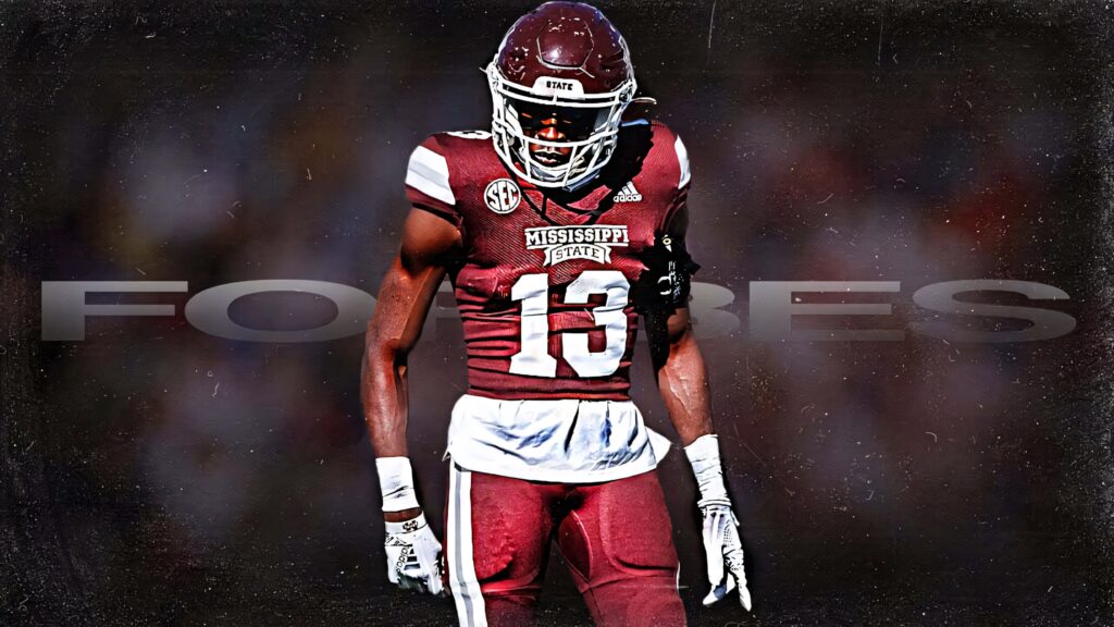 Emmanuel Forbes Jr Mississippi State football uniform standing focused with FORBES background wallpaper