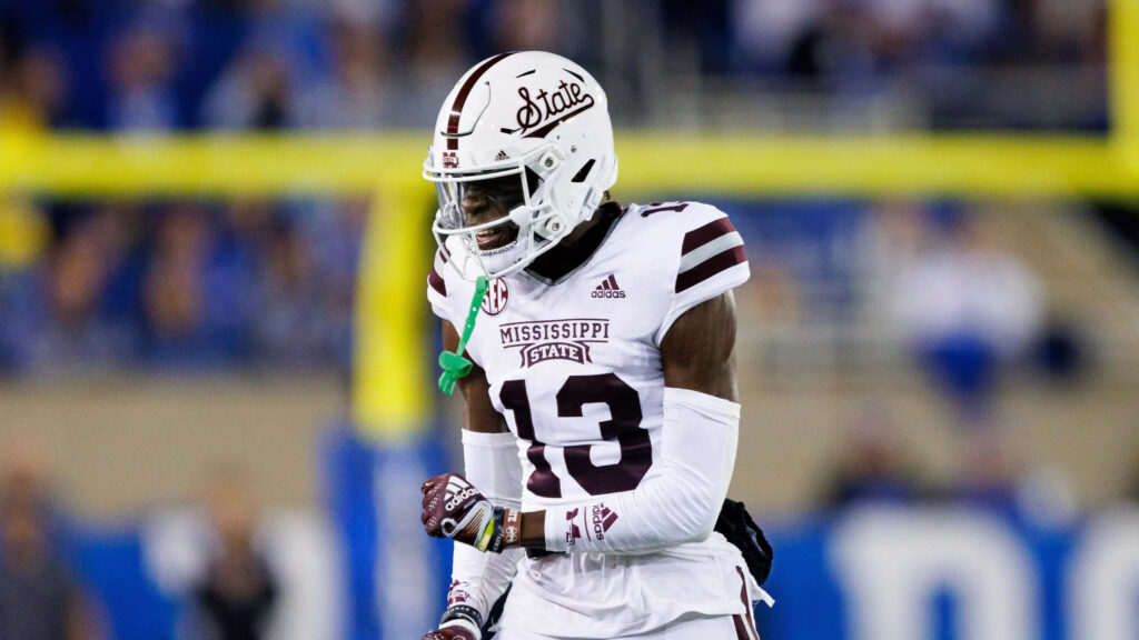 Emmanuel Forbes Jr in Mississippi State football uniform number 13 vibrant stadium wallpaper
