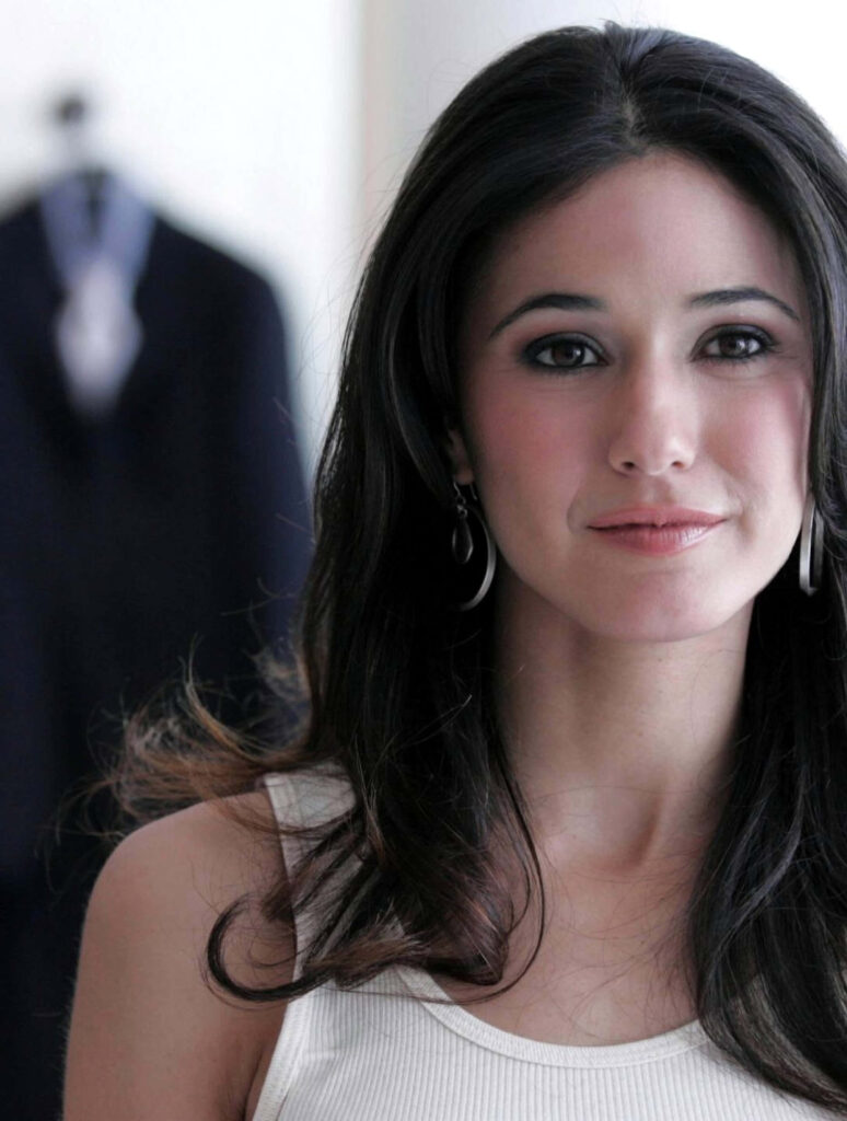 Emmanuelle Chriqui in white tank top soft natural light minimal makeup serene expression wallpaper background