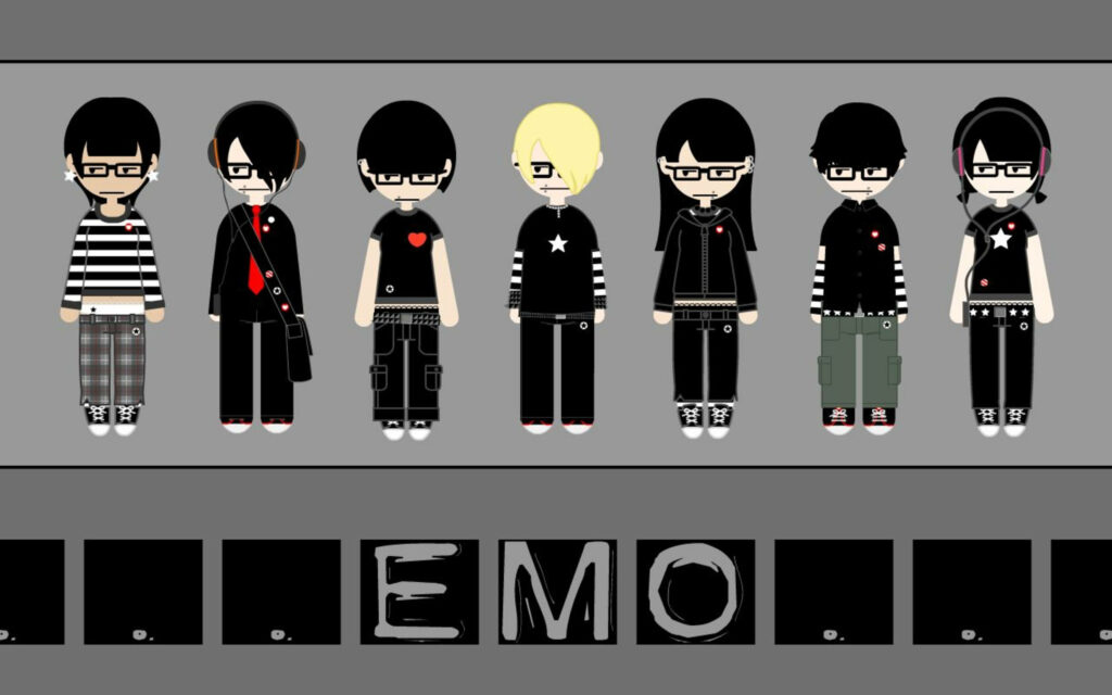 Emo characters lineup with striped shirts skinny jeans dark clothes glasses headphones on gray background Wallpaper