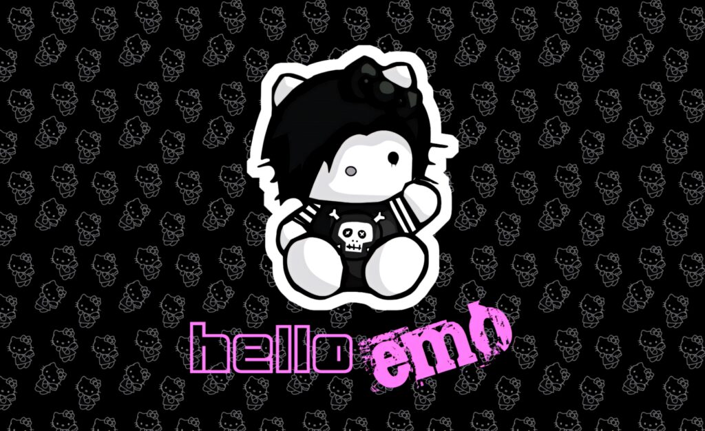 Emo Hello Kitty wallpaper with black hair skull shirt dark striped skull pattern background