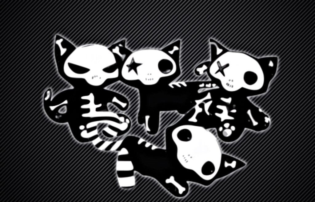 Emo cartoon skeleton cats wallpaper with bold black white contrast and quirky dark striped background