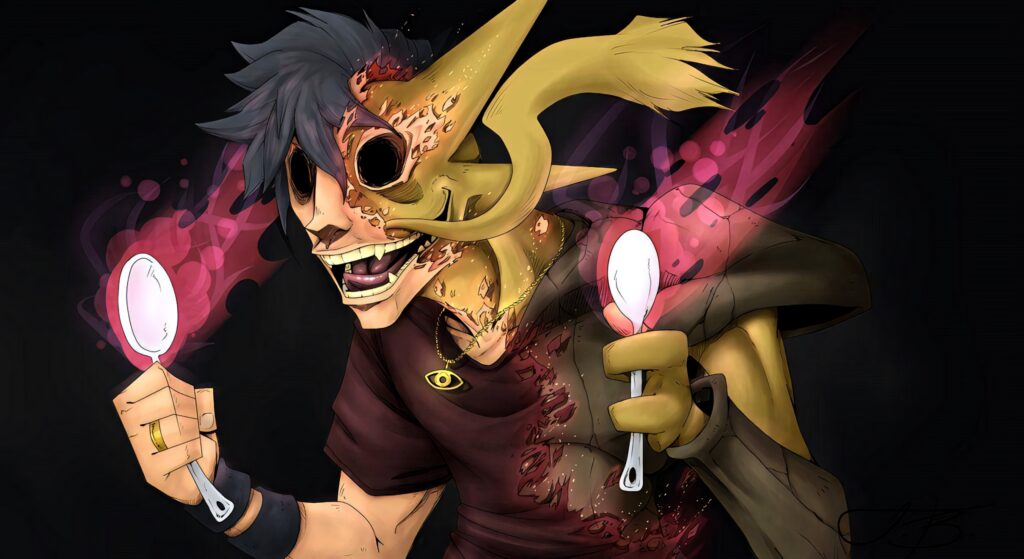 Emo style Alakazam cosplay wallpaper blending human and Pokémon features vibrant energy
