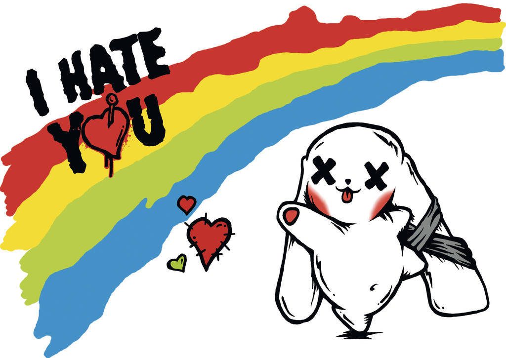 Edgy cartoon white rabbit with X eyes bandaged arm and I hate you text rainbow background wallpaper