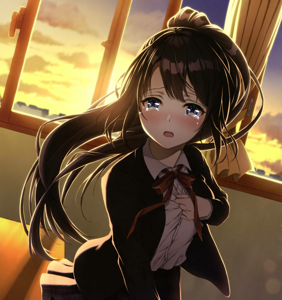 Emotional Anime Girl by Sunset Window - Melancholic Wallpaper Art