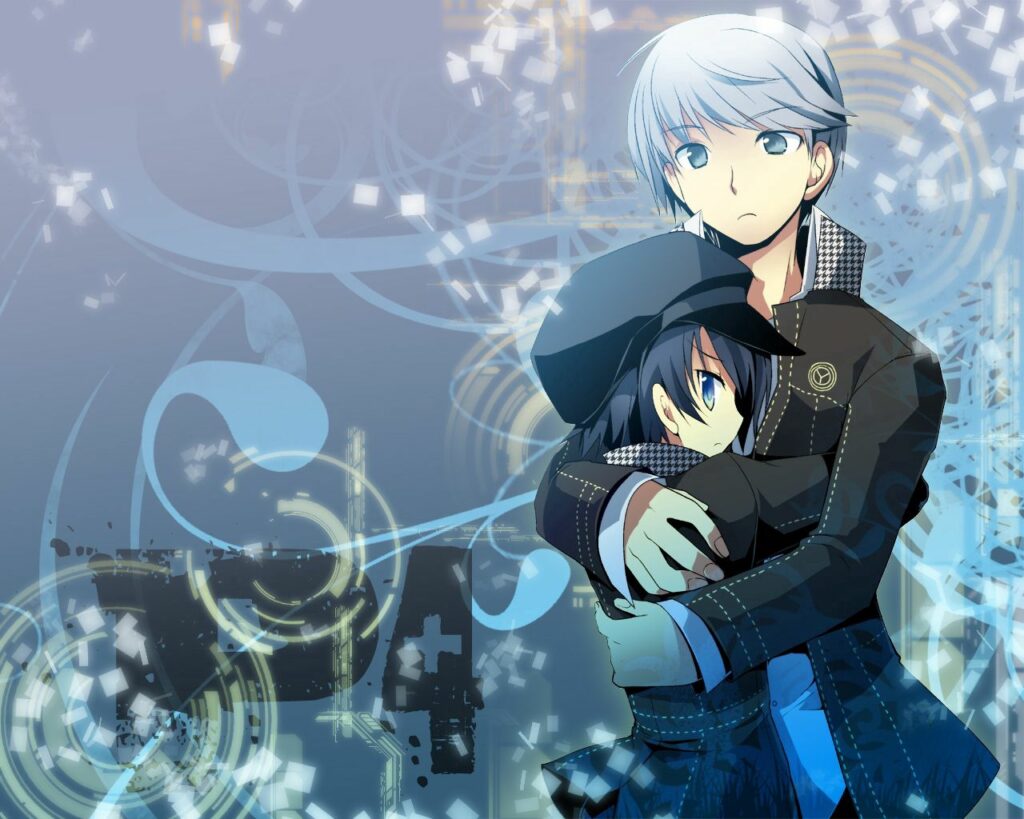 Tranquil Embrace: Boy and Girl with Geometric Background Wallpaper
