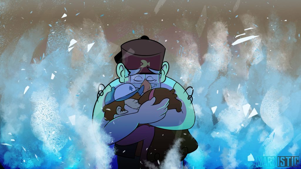 Gravity Falls Grunkle Stan hugs Dipper and Mabel blue glowing misty background wallpaper