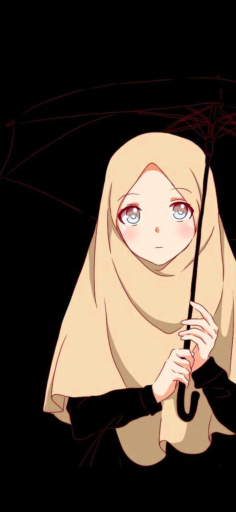 Minimalist Cartoon Wallpaper: Hijab Character with Umbrella in Darkness