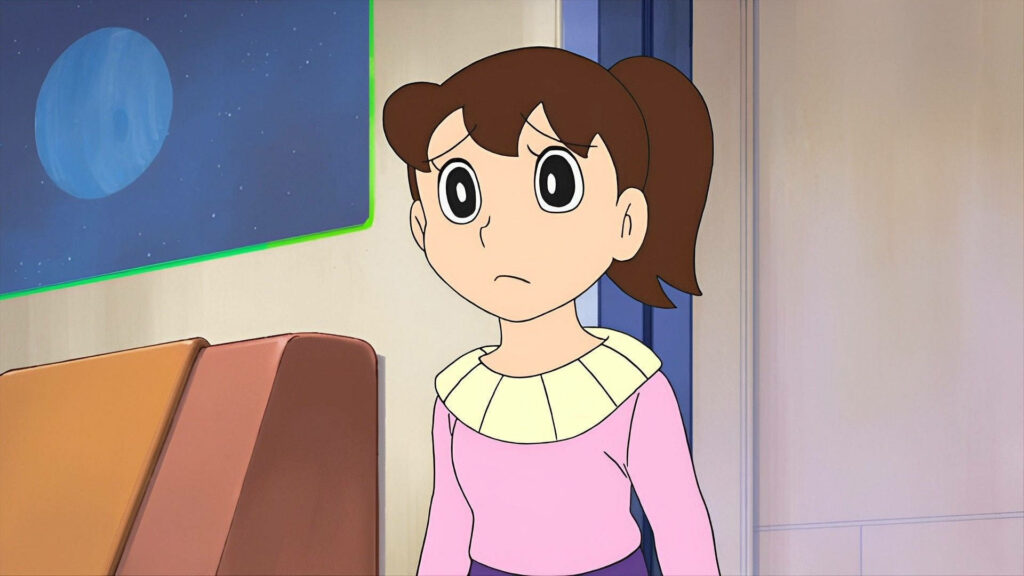Emotional Shizuka Wallpaper from *Doraemon* with Moonlit Room Scene