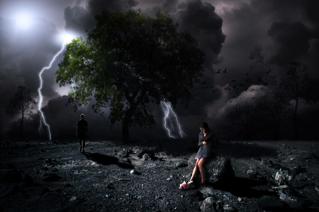Emotional Turmoil Wallpaper: Lone Figure Under Dramatic Stormy Sky