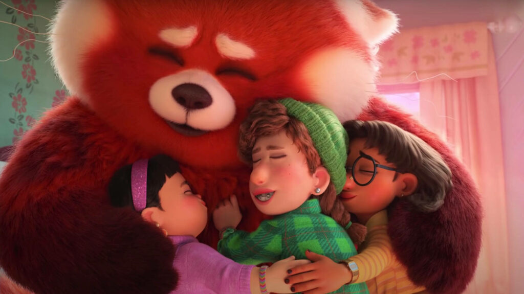 Heartfelt Turning Red Wallpaper: Panda Hugging Friends Background