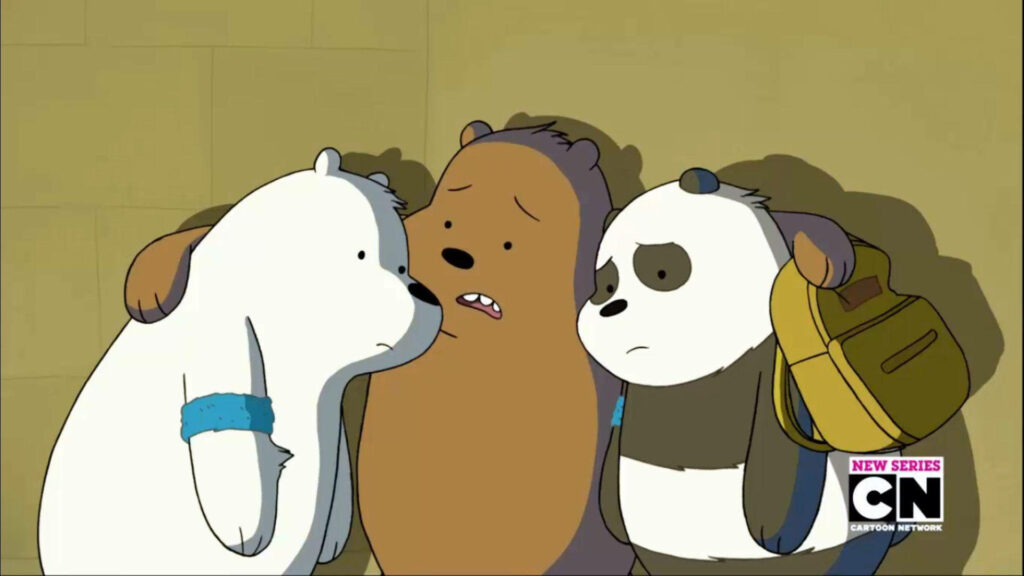 A We Bare Bears Wallpaper Featuring Sad Ice, Grizz, and Pan-pan in Olive Green Background
