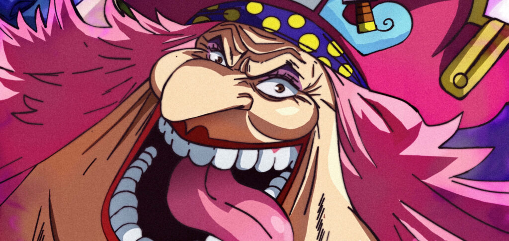 Emperor Charlotte Linlin with wild pink hair and fiery backdrop in bold One Piece anime style Wallpaper