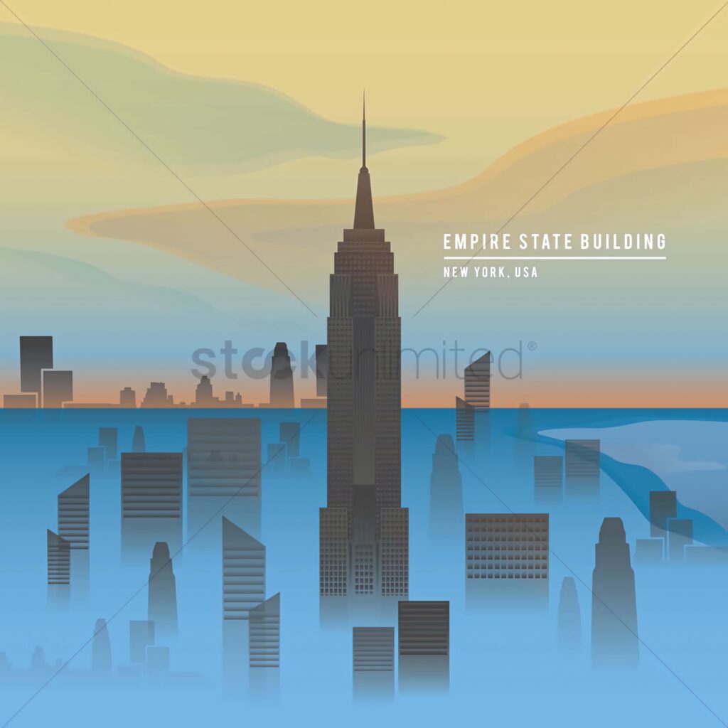 Empire State Building over misty NYC skyline with pastel gradient sky minimalist digital art wallpaper