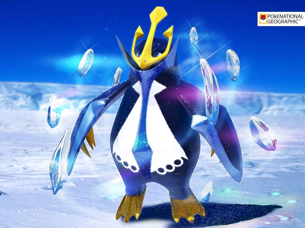 Empoleon ice attack with floating shards vibrant snowy background dynamic game wallpaper