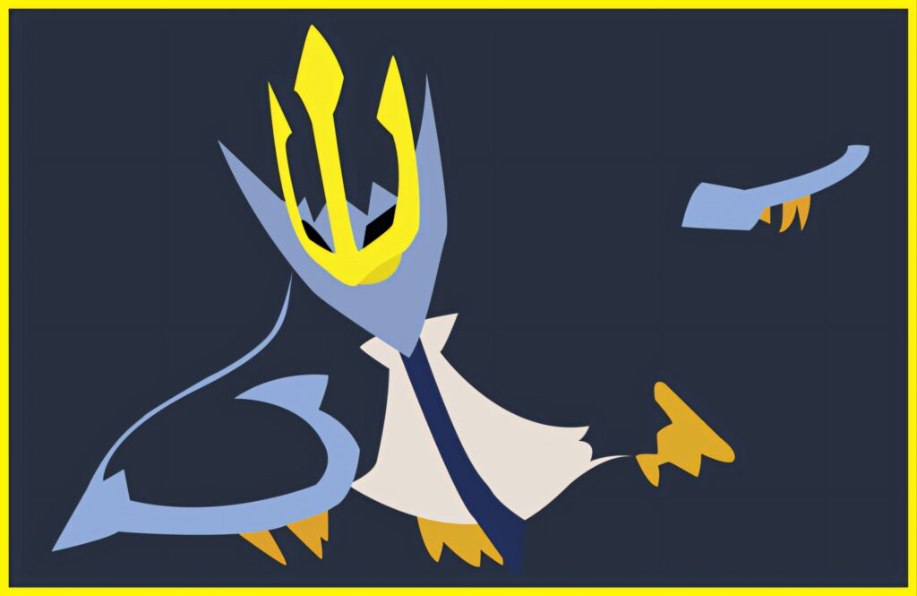 Minimalist vector art of Empoleon flying with yellow crest on navy blue background wallpaper