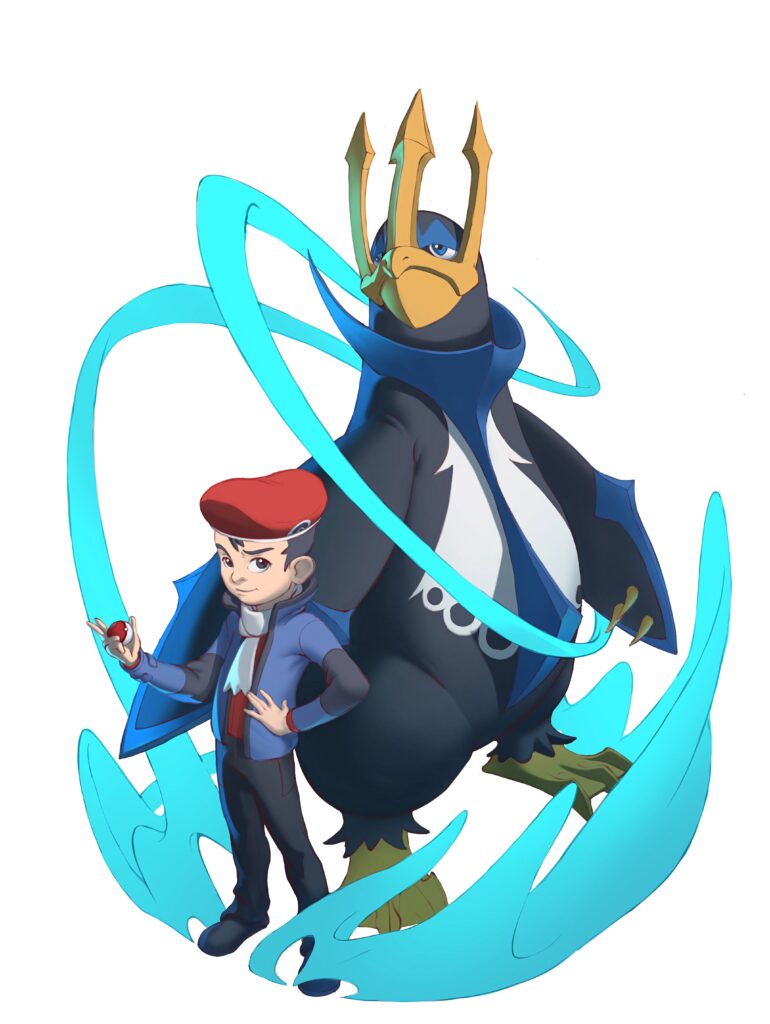 Empoleon with confident trainer in blue energy glowing anime style digital art wallpaper background
