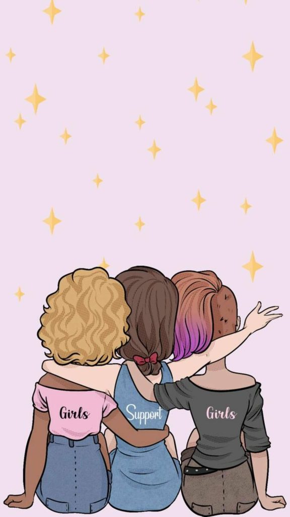 Three friends united in pink starry background wearing Girls Support Girls shirts wallpaper