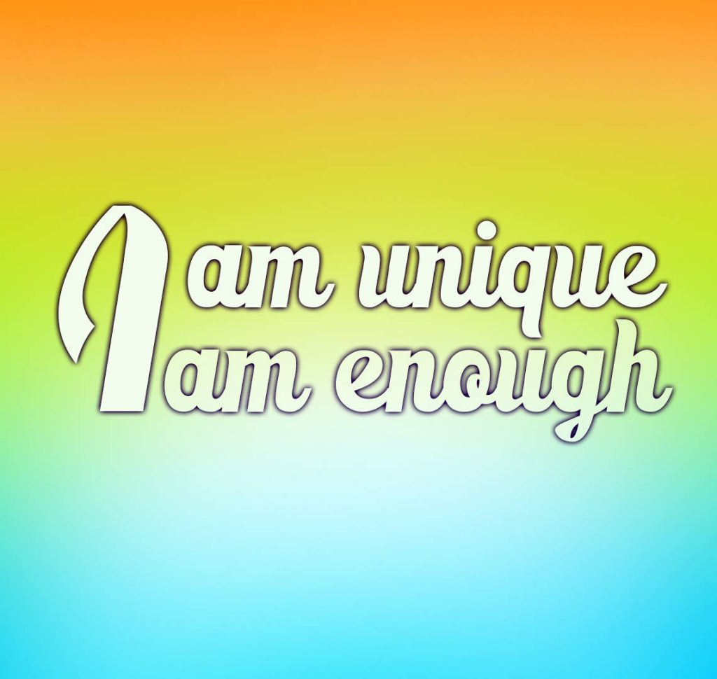 Inspirational digital wallpaper with I am unique I am enough quote on warm yellow to blue gradient