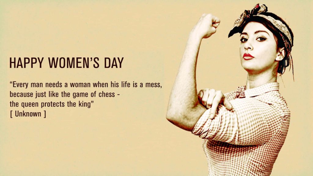 Vintage Rosie the Riveter style wallpaper with empowering Women’s Day queen chess quote background