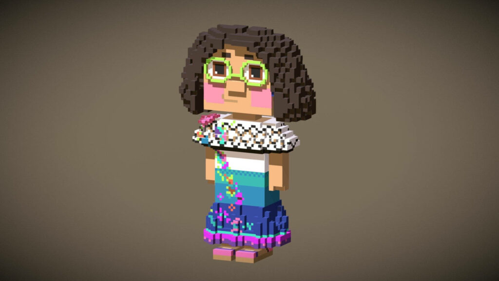 Encanto Mirabel Lego Art Wallpaper with curly hair green glasses colorful dress pixel style