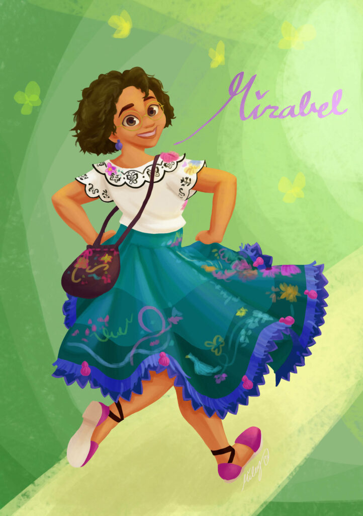 Encanto Mirabel wallpaper vibrant yellow green background colorful outfit whimsical design