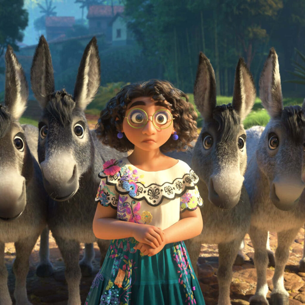 Colorful *Encanto* Wallpaper: Mirabel Surrounded by Playful Donkeys
