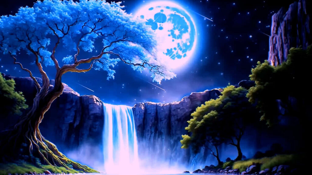 Enchanting Blue Moon Wallpaper: Serene Waterfall & Starry Sky