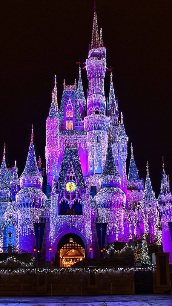 Cinderella Castle at Disney World glowing with purple and white holiday lights at night Wallpaper