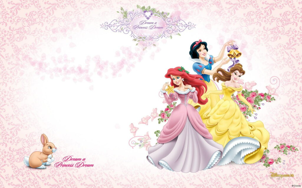 Disney Princess wallpaper with Snow White Ariel in pink Belle in yellow floral background rabbit