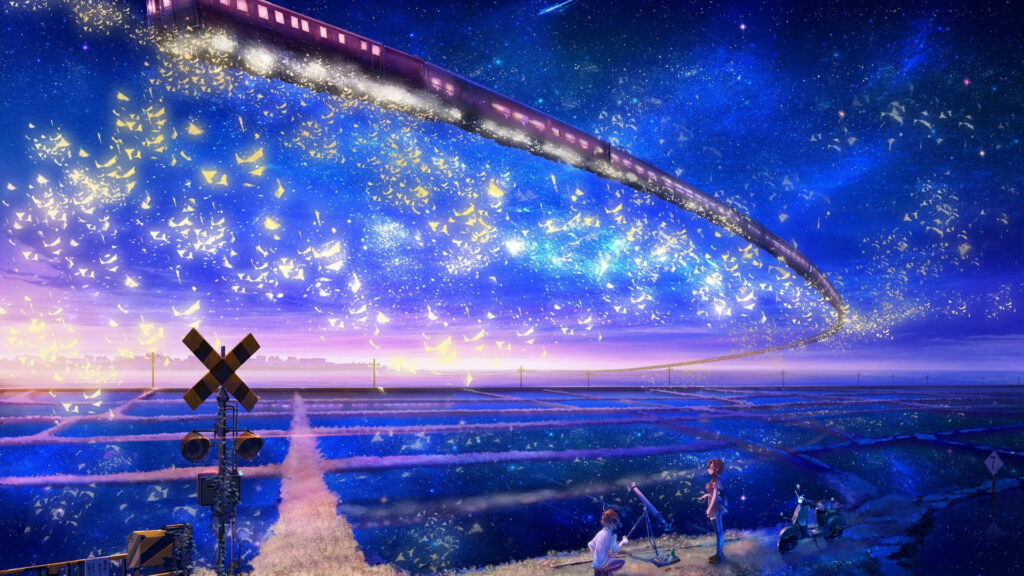 Starlit Romance: Enchanting Anime Pair to Witness Celestial Journey Amidst Reflective Paddy Field Wallpaper