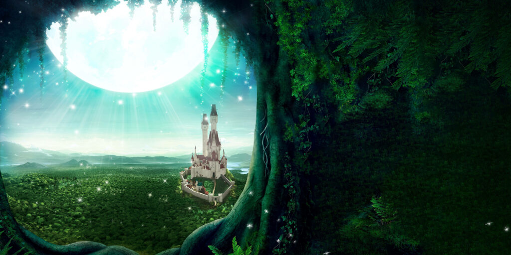 Majestic castle in enchanted forest under glowing moon with magical lights fantasy wallpaper background
