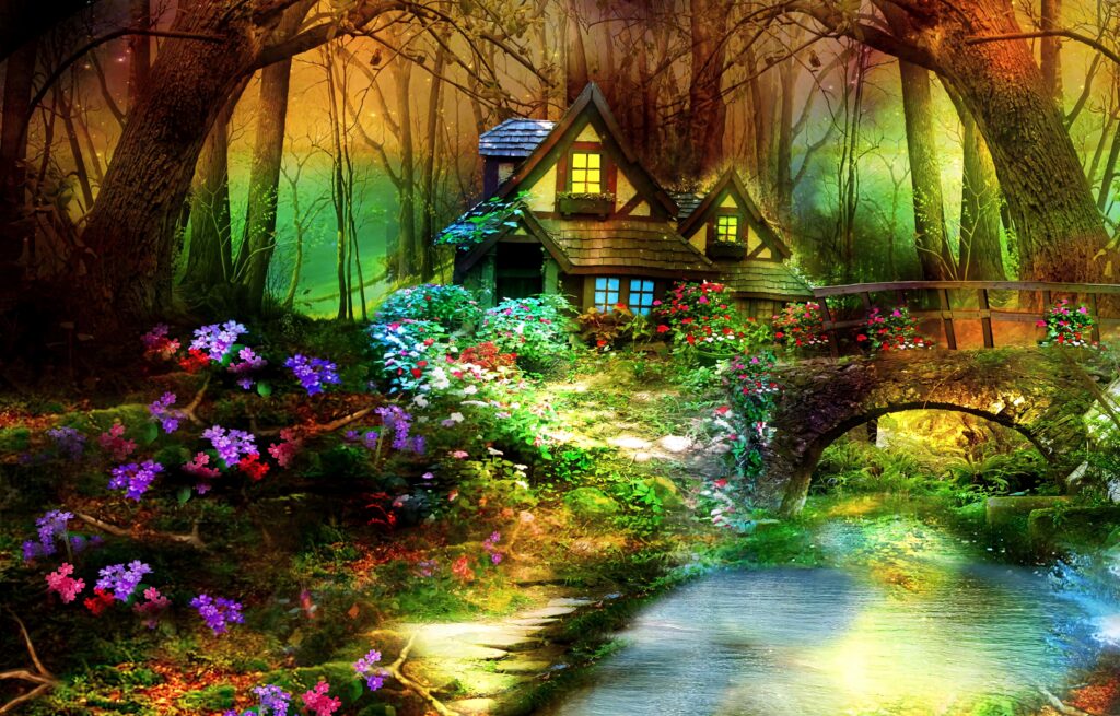 Whimsical magical forest cottage with glowing windows mossy stone bridge and vibrant flowers wallpaper