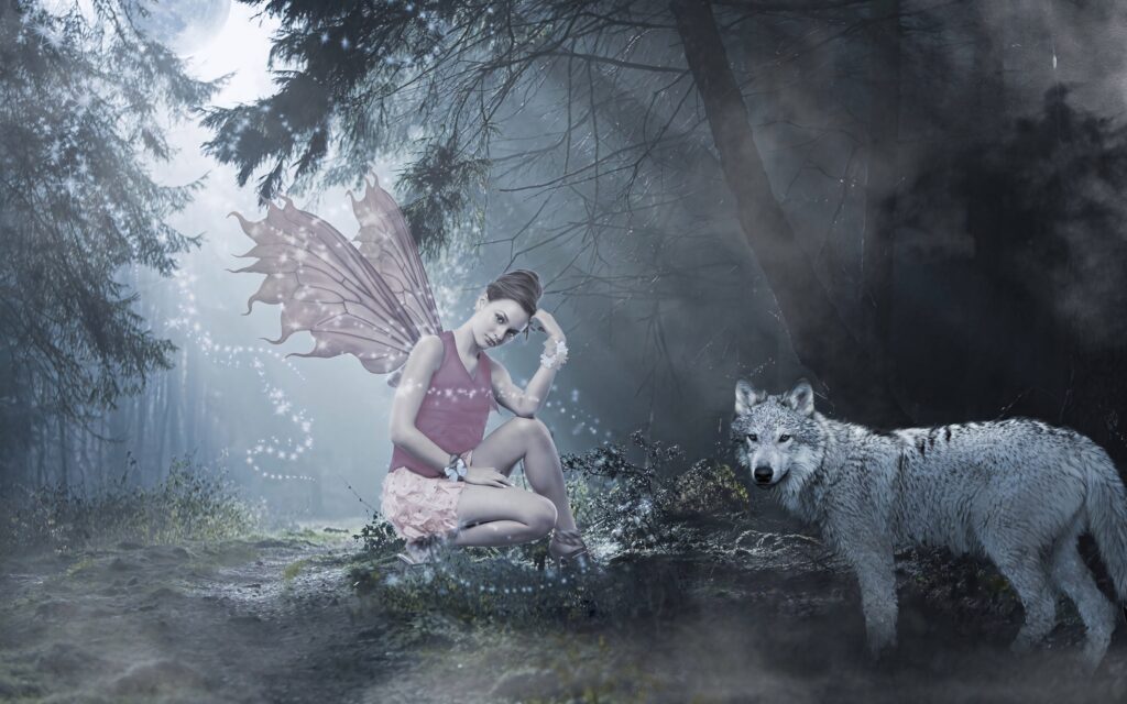 Fairy with translucent wings kneeling beside white wolf in moonlit misty enchanted forest background Wallpaper