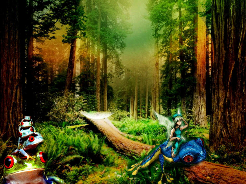 Fairy perched on blue frog surrounded by red-eyed frogs in sunlit enchanted forest wallpaper