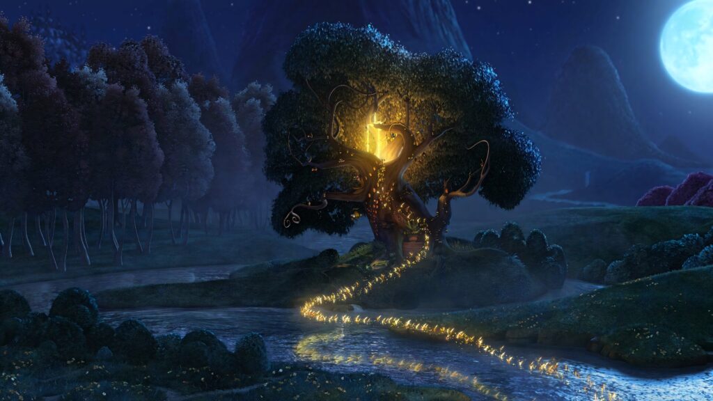 Magical enchanted forest wallpaper with glowing lights and radiant ancient tree under moonlight
