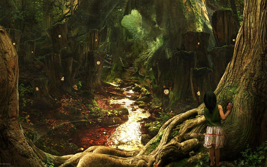 Young girl at enchanted forest edge with glowing ancient trees and sunlit magical path wallpaper
