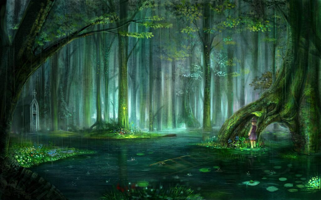 Magical rainy day in enchanted forest with towering trees luminous plants and mysterious figure Wallpaper