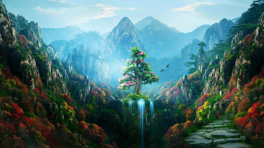Enchanting glowing tree in vibrant forest valley with waterfalls misty mountains fantasy art wallpaper