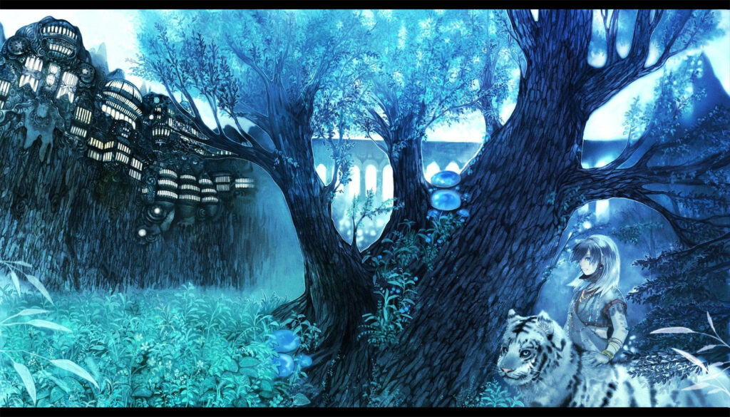 Magical Anime Wallpaper: Blue Girl & White Tiger in Enchanted Forest