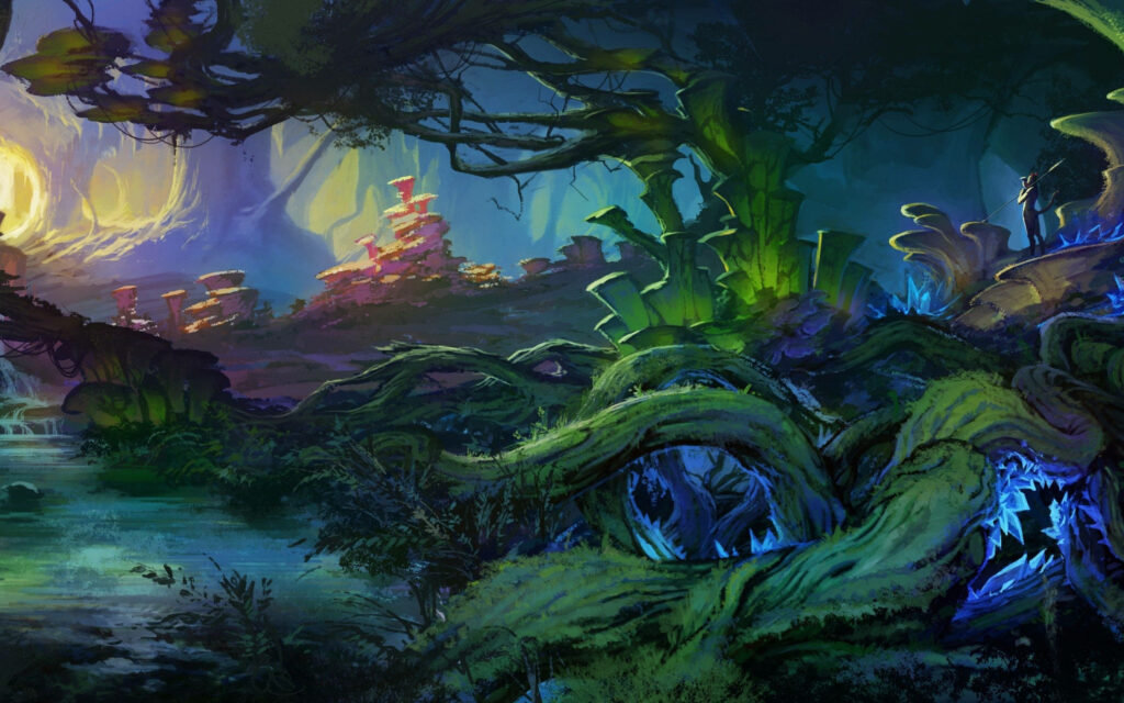 Mysterious creature in dark enchanted forest with glowing plants and vibrant green blue hues wallpaper