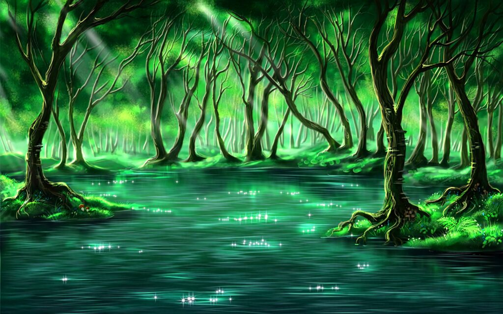 Mystical enchanted forest wallpaper with leafless trees glowing green and sparkling water reflections