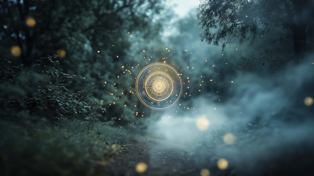Enchanted glowing golden rune portal over misty forest path with ethereal sparkles fantasy wallpaper