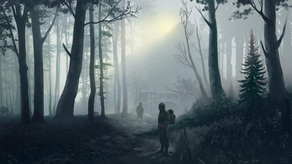 Enigmatic Encounters: Duo in Hazmat Suits Amidst Forest's Mysteries - Intriguing Wallpaper