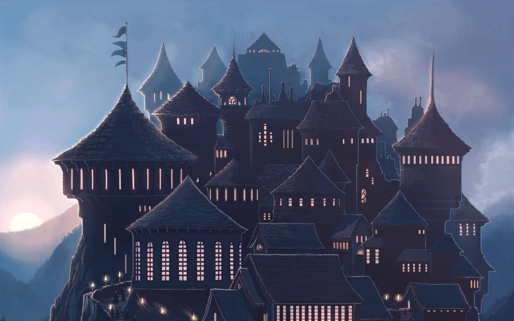 Digital art wallpaper of a glowing fantasy castle with tiered roofs at golden sunset horizon