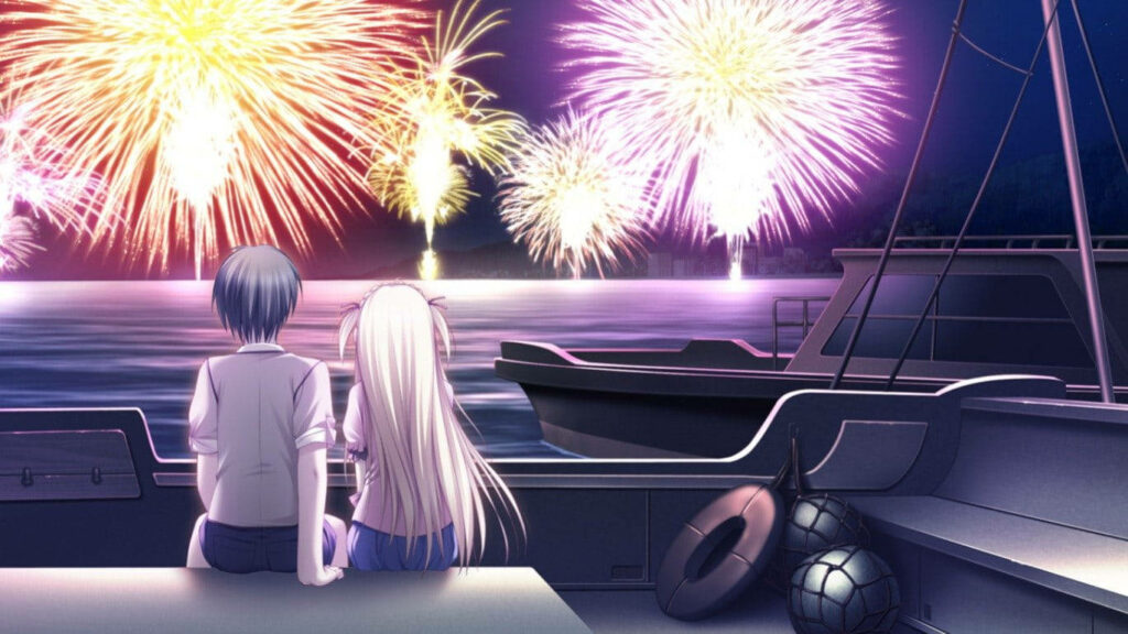 Enchanting Boat Ride: A Romantic Anime Duo Embraces Fireworks in the Starlit Sky Wallpaper