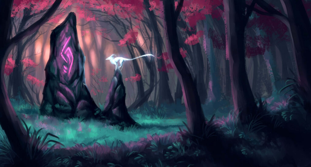 Magical forest wallpaper with glowing purple rune rock vibrant pink foliage and white spirit creature